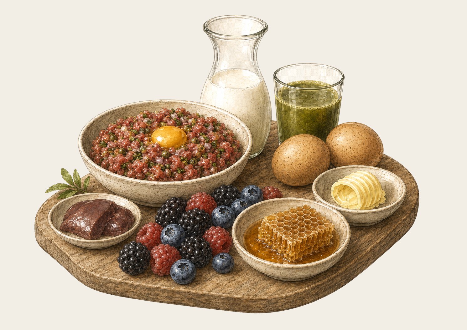 A spread of primal foods: raw beef tartare with egg yolk, raw milk, green vegetable juice, fresh eggs, butter, raw liver, fresh berries, and honeycomb in honey